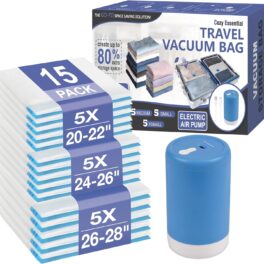 Cozy Essential Travel Vacuum Storage Bags with Rechargeable Cordless USB Pump, Space Saver Bags for Luggage, Suitcase, Carry-On, for Clothes, Blankets, Bedding & Seasonal Storage,15 Combo