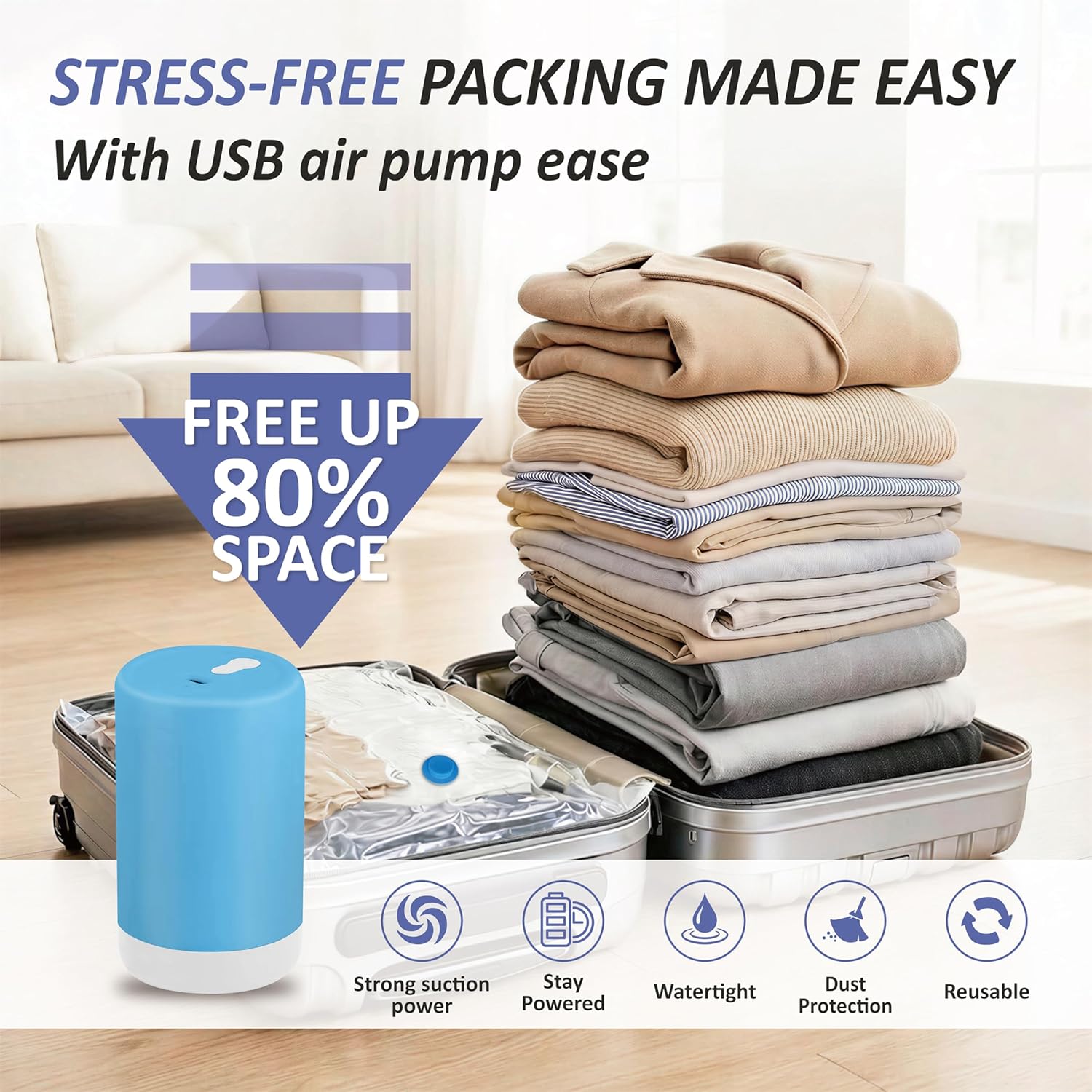 Cozy Essential Travel Vacuum Storage Bags with Rechargeable Cordless USB Pump, Space Saver Bags for Luggage, Suitcase, Carry-On, for Clothes, Blankets, Bedding & Seasonal Storage,15 Combo - Image 2