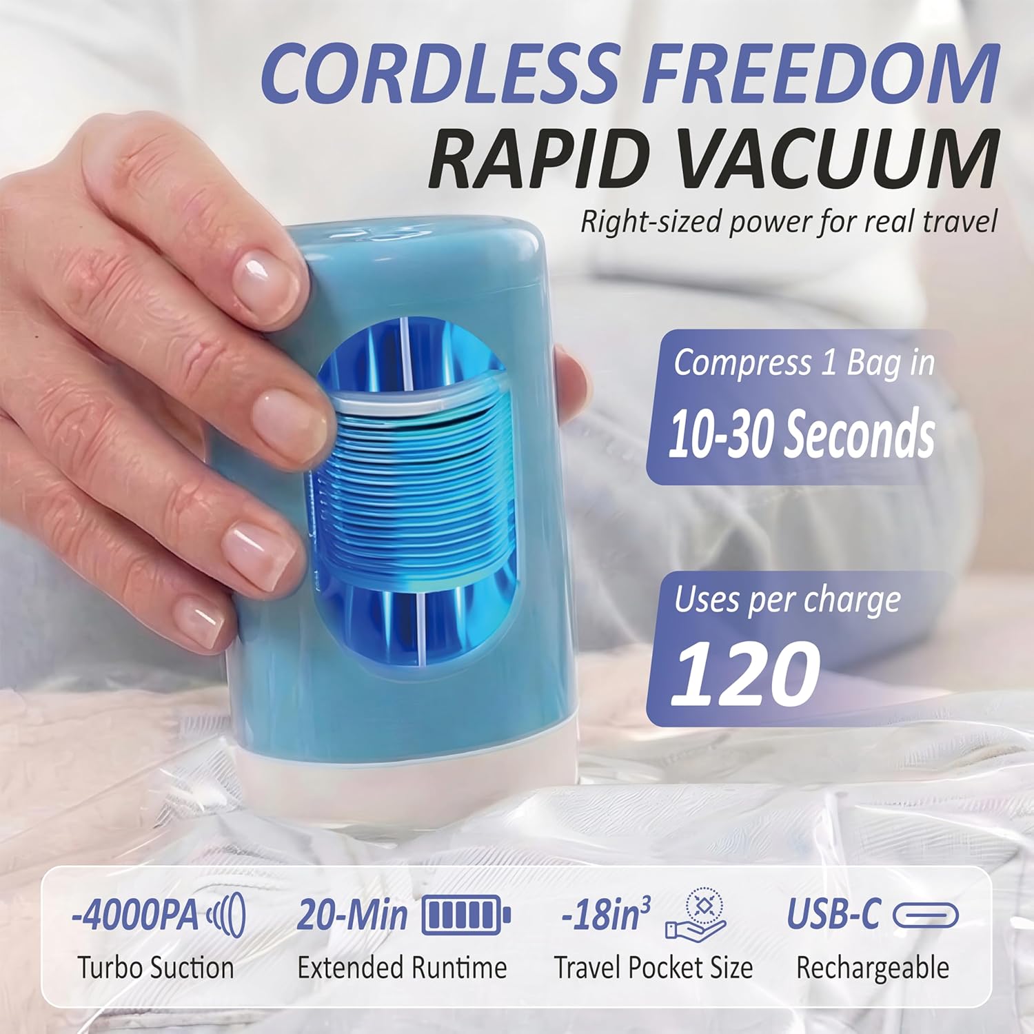 Cozy Essential Travel Vacuum Storage Bags with Rechargeable Cordless USB Pump, Space Saver Bags for Luggage, Suitcase, Carry-On, for Clothes, Blankets, Bedding & Seasonal Storage,15 Combo - Image 3